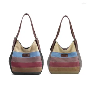 Sacs à bandouliers Vintage Canvas Tote Sac à rayures coloré Femmes Fédés décontractés Borquette à main de grande capacité pour l'école de bureau et le shopping