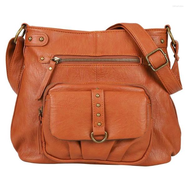 Sacs à bandoulière Vintage en cuir souple pour femmes, sac à bandoulière multi-poches multifonction couleur unie rétro pour dames et filles