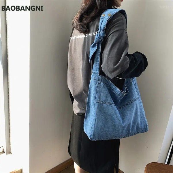 Bolsos de hombro Vintage Denim Women Jeans Simple Blue Handbag Gran capacidad Moda Moda Messen Messenger Bolsa de compras