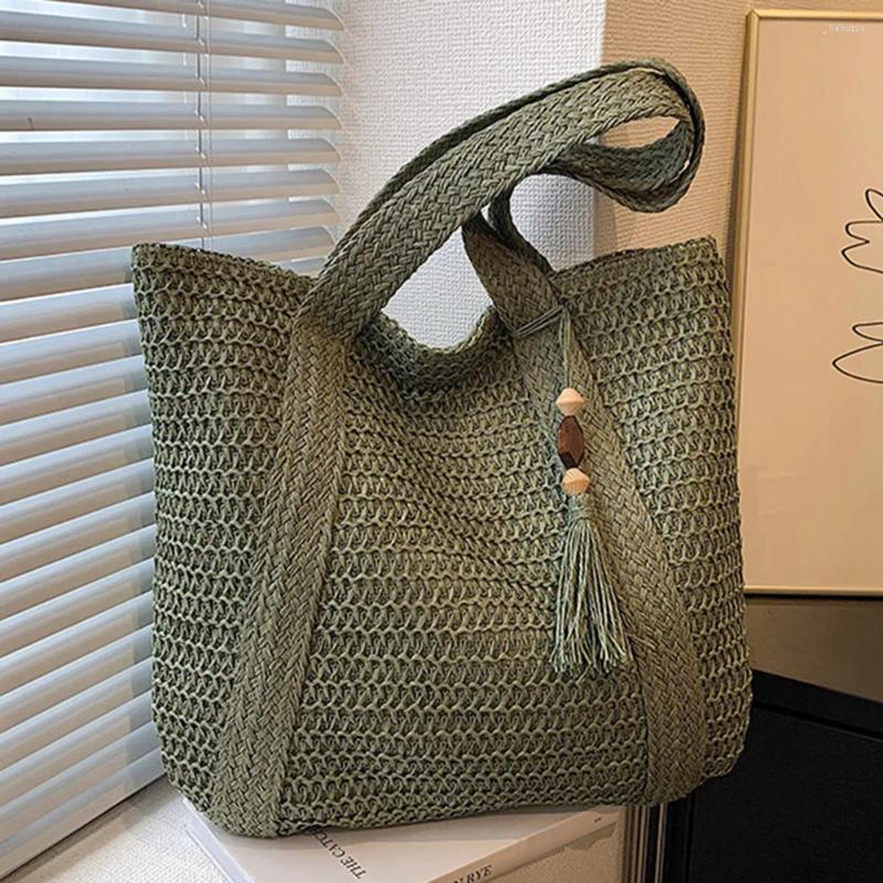 Bolsas de ombro femininas bolsa de verão mão-tecido bolsas moda artesanal simples grande capacidade com borla pingente bolsa de compras tote