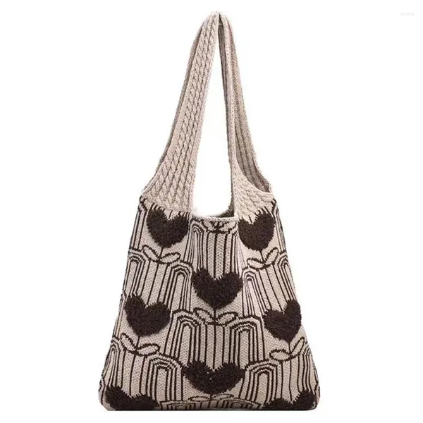 Bolsos de hombro para mujer, bolso de mano de ganchillo, gran capacidad, patrón de corazón, moda tejida, versátil, tejido, compras, desplazamientos informales