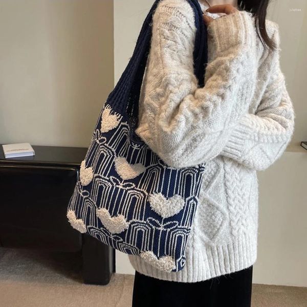 Bolsos de hombro para mujeres bolso de crochet gran capacidad patrón de corazón moda tejido versátil de compras de punto ambiente de punto viajes casuales