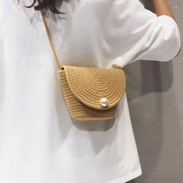 Bolsas de hombro Mujeres bolsas cruzadas Crossbody heno tejido perla lindo cubo dulce de vacaciones al por mayor playa de moda de moda soltera