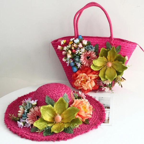 Bolsas de hombro Moda para mujer Bolsa de playa de paja Sombrero Traje rojo Personalizado de alta gama Artificial Coloful Flower Wave Summer Holiday Lady Tote