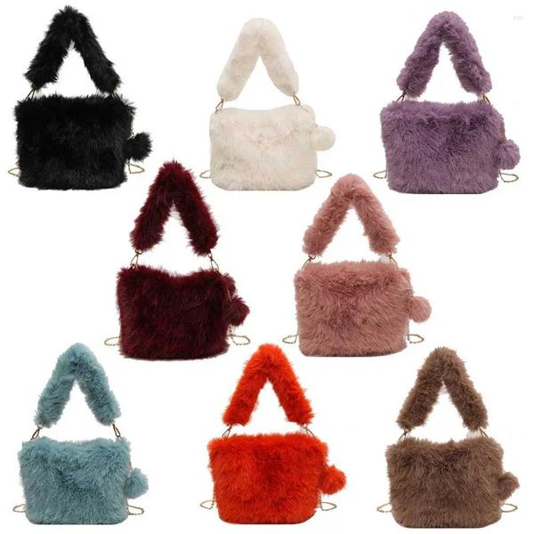 Bolsos de hombro para mujer, bolso de mano borroso, versátil, lindo Hobo, cadena de moda, bandolera informal con pompones, comprador de otoño e invierno