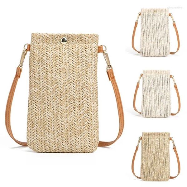 Bolsos de hombro Bolso de mujer Bolso de paja tejido a la moda para mujer Bolso bandolera cruzado Paquete de playa de verano Pequeño teléfono móvil Monedero delgado