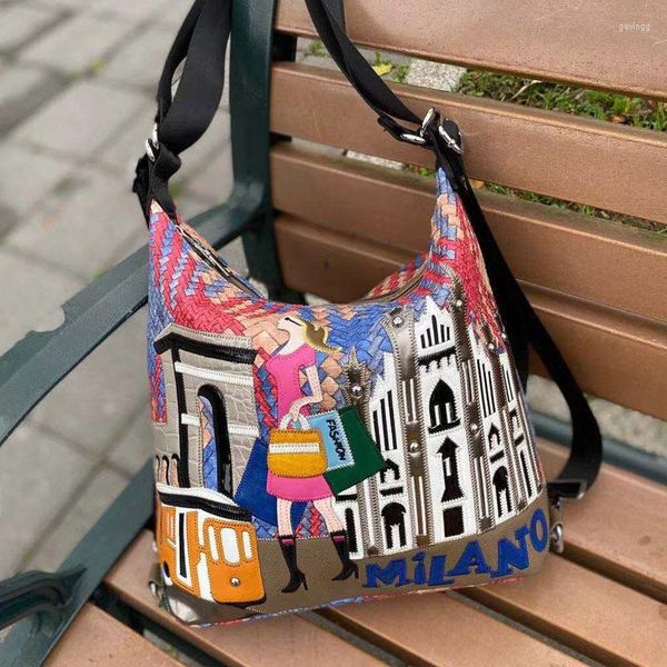 Bolsos de hombro para mujer, bolso bordado de retazos de cuero, bandolera cruzada, estilo Braccialini, dibujos animados de Milan Girl