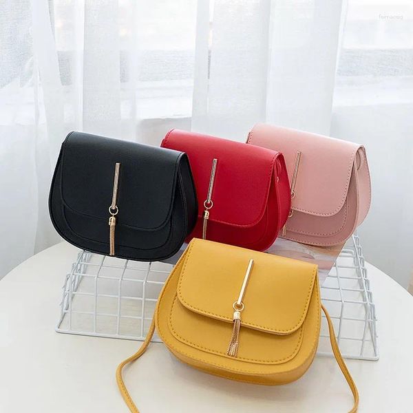 Bolsos de hombro para mujer, Mini bolsos redondos de Color sólido a cuadros, bolsos cruzados con borla pequeña, bolsos de mano