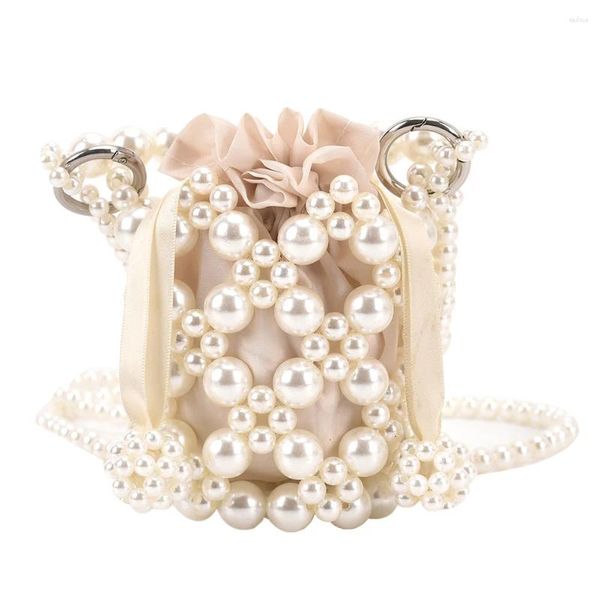 Bolsos de hombro para mujer, bolso de cubo con perlas, bolso de noche con cuentas acrílicas, cordón de lujo, cuentas para fiesta de boda