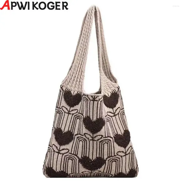 Bolsas de hombro Mujeres Bolso de punto suave Gran capacidad Patrón de corazón Estética