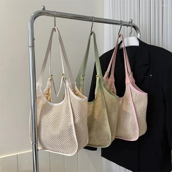 Bolsos de hombro para mujer, bolso de mano tejido de gran capacidad para mujer, bolso de paja con costura de PU, bolso de vacaciones Simple a la moda de verano