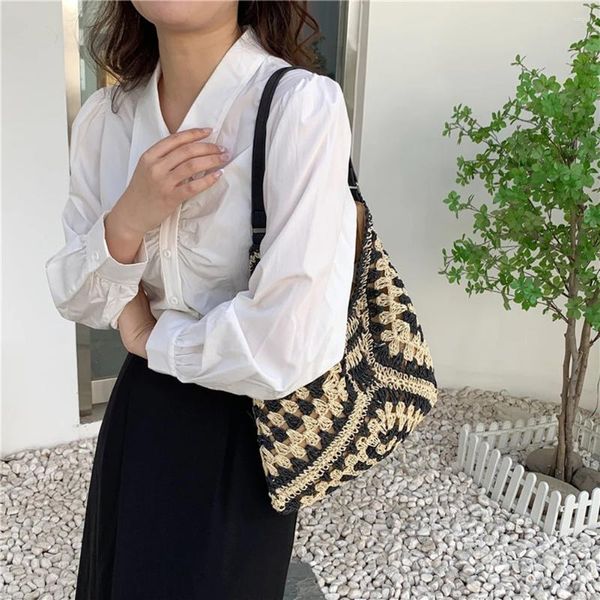 Bolsos de hombro Bolso de paja tejido para mujer Bolso tejido de gran capacidad con asa superior a rayas