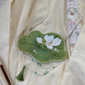 Schoudertassen Xiuya Chinese stijl mode crossbody tas Lotusbladvorm bloemen geborduurde parelketting portemonnee elegant vintage