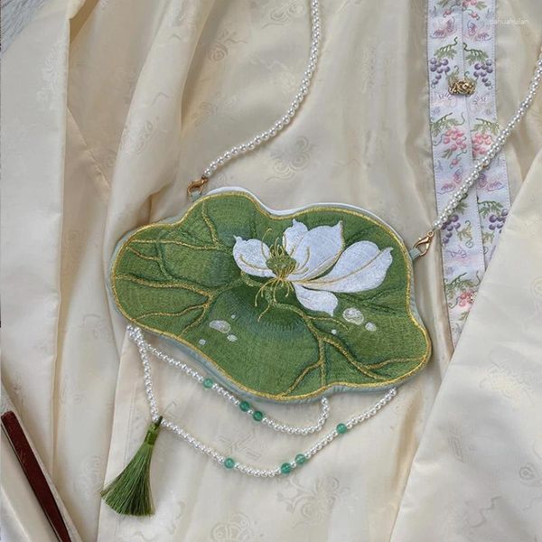 Bolsos de hombro Xiuya Estilo chino Moda Bolso cruzado Forma de hoja de loto Flores Bordadas Cadena de perlas Monedero Elegante Vintage