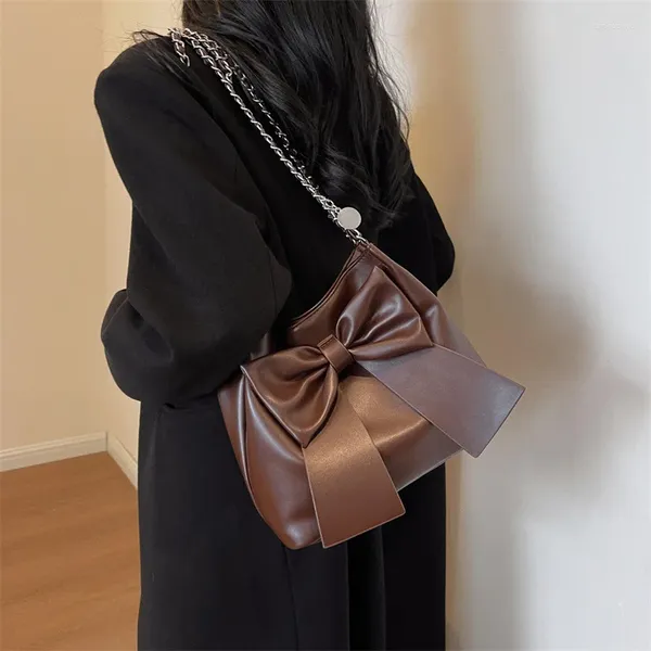 Sacs à bandoulière Xiuya Vintage Femmes Sac à bandoulière Bow Chaîne Pu Cuir Couleur Solide Haute Qualité Casual Simple Premium Quotidien Sac à main