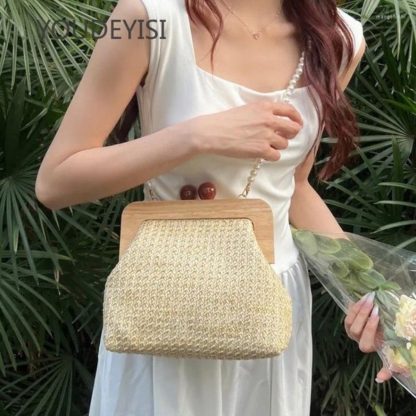 Bolsos de hombro Bolso de mujeres de Straw: Playa Bolso de cadena de perlas Simple and Sweet Handbag Cadena