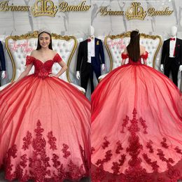 Robes d'épaule robe de bal princesse rouge au large des paillettes appliques Vestido de Quinceanera Tulle Sweet 15 Masquerade Robe