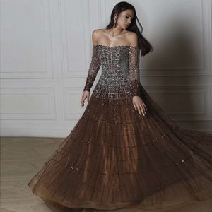 Épaule dubaï hors dit Sharon marron robes de soirée à manches longues élégant arabe femmes robe de soirée de mariage robe de bal Ss022