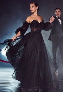Schouder dubai van de zwarte prom jurken sweetea nek kanten appliques kralen sexy een lijn lange beroemde avondjurk voor vrouwen tule speciale ocn -jurken