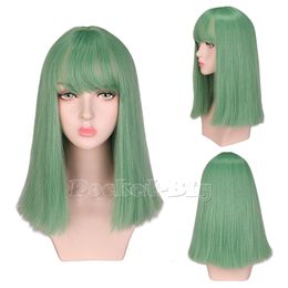 Schouderlengte groene diepe golf met pony voor damesfeest delicaat cosplay hittebestendig synthetisch middellange vrouwelijke pruik cosplay