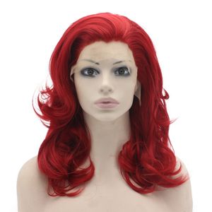 Peluca de fiesta natural de cabello sintético con frente de encaje rojo ondulado hasta los hombros