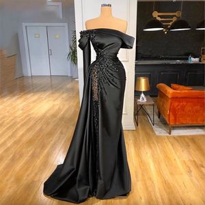 Schouderlelie van zwarte optocht feestjurk parels avond formele zeemeermin sexy prom jurk aangepaste abiti da cerimonia
