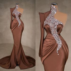 Schouder een lovertjes zeemeermin avondjurken eenvoudige glitter bruine prom jurk vloer lengte formele feestjurken