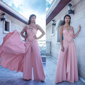 Schouder sexy een roze Arabische jurken avondje slijtage lange mouw kanten appliqued prom jurken vintage formele broek