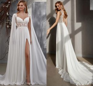 Hombro elegante envolturas de gasa larga una línea vestidos de novia sexy división exquisita boho encaje vestidos de novia illusion botones de atrás barrido trenes de novia de mariee