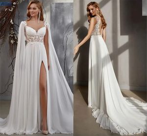 Schouder Stijlvolle wraps Long Chiffon A Line Wedding Jurken Sexy Split Exquisite Boho Lace Bridal Jurns Illusion Achter Knoppen Veeg trein bruid gewaden de mariee