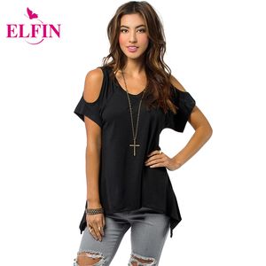 Schoudertop Vrouwen Open Cold-Shoulder V-Neck korte mouw onregelmatige zoom uitgehakte tuniek off t-shirt tees lj1270R