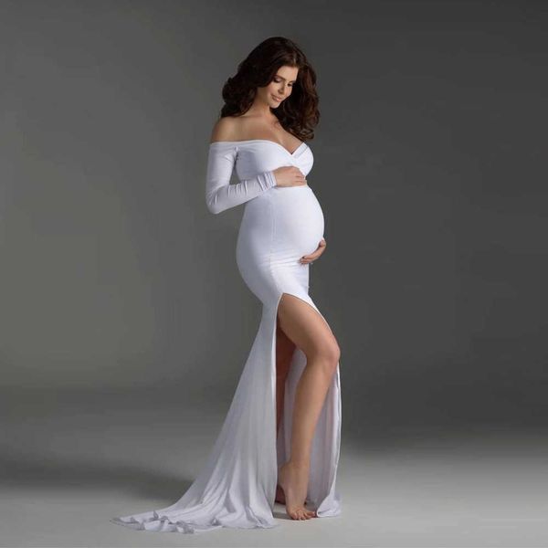 Vestidos de maternidad sin hombros Accesorios de fotografía Sexy Split Side Maxi vestido para mujeres embarazadas Vestido largo de embarazo Sesión de fotos X09021