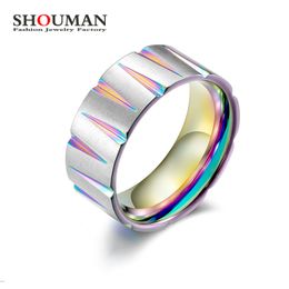 SHOUMAN arc-en-ciel couleur V forme rainure titane acier anneaux de mariage pour hommes Anillo Masculino cadeaux accessoires