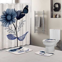 Douche papillon grande fleur bleu aquarelle fleur cassé fleur salle de bain rideau de douche ensemble tapis de bain couvercle de toilette couverture tapis décor