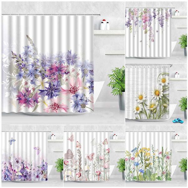Ensemble de rideaux de douche en tissu imprimé papillon, fleurs, roses, violettes, lavande, feuilles blanches, plantes, décor de salle de bains
