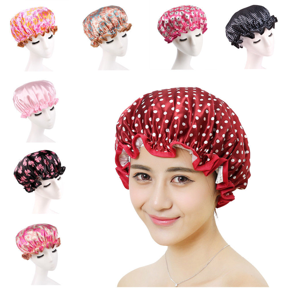 قبعات الاستحمام النساء نقاط الطباعة الملونة حمام دش غطاء الرأس طبقة مزدوجة للماء الشعر