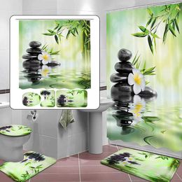 Rideau de douche Salle de bain Décoration 3D Bambou Eau courante Vert Rideau de douche en bambou Tapis de couverture de toilette Ensemble antidérapant 210609