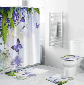 Rideaux de douche 180 180 cm de bouton de papillon violet Set Polyester tissu de salle de bain piédestal tapis de toilette Mat de bain