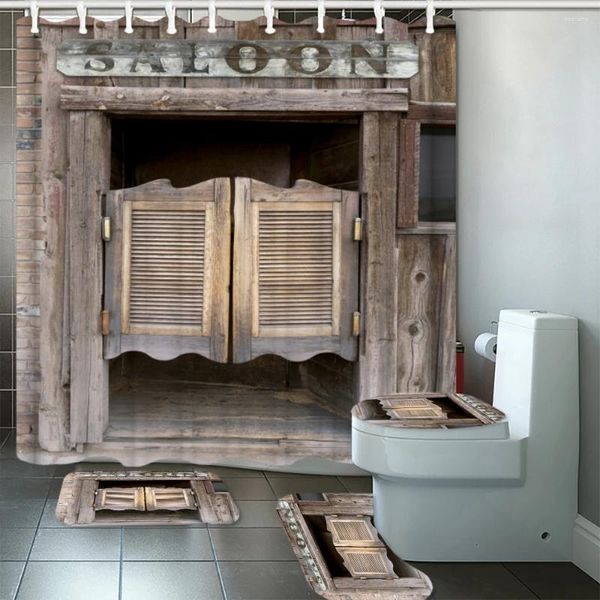 Cortinas de ducha 180 180 cm Rústica Puerta de granero de madera Vieja Cortina occidental Conjunto de baño de baño Mat de la alfombra del inodoro Decoración del hogar