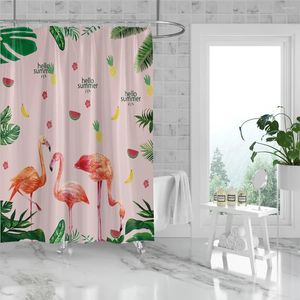 Douche gordijnen 180x180 cm badkamer waterdicht polyester gordijnvormbestendig geperforeerd met haken flamingo zomer fruitpatroon