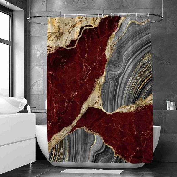 Cortinas de ducha 1 unids vino mármol rojo cortina de ducha impermeable lujosa grieta de oro decoración del baño con 12 ganchos de plástico Y240316