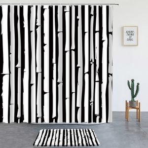 Douchegordijnen 2 pc's zwart en witte bamboe print douche gordijnen set badmatten badkamer niet-slip tapijten ingang deurmat mat kamer decoratie scherm 230322