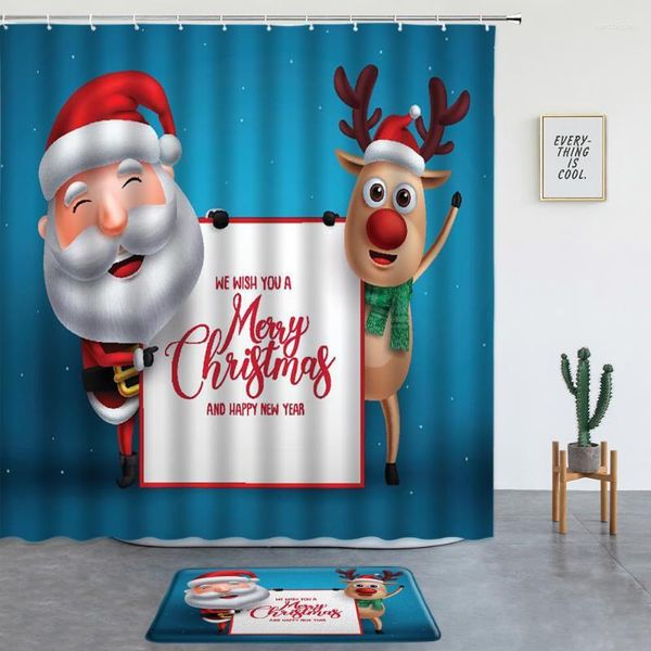 Cortinas de ducha, 2 uds., juego de decoración navideña, alfombrilla de baño navideña, divertida alfombra antideslizante de baño de vacaciones de invierno con alce de Papá Noel y Reno