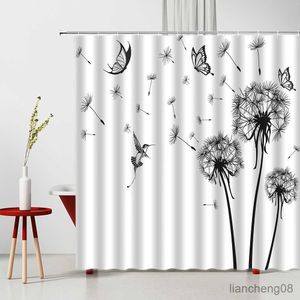 Douchegordijnen 2023 Moderne bloemen Dandelie Douchegordijn Zwart en witte badkamer Keuken Waterdicht Gordijn Home Decor R230818