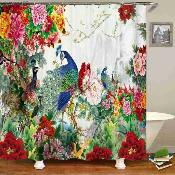 Rideaux de douche 240x180 cm salle de bain rideau de douche imperméable rideau de bain paons fleur oiseaux imprimé tissu décoration de la maison rideau avec R230822