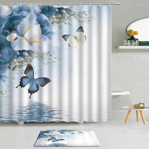 Douchegordijnen 2 stks vlinderbloem thema gordijn gordijn aquarel aquingbird veer moderne mode anti-slip badmatten badkamer sets decor