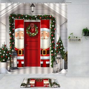 Cortinas de ducha 2 PPC Cortina de puerta de granero de Navidad Juego de baño antideslizante Juego de baño de Santa Claus Banner Garland Pino Decoración de árboles