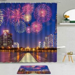 Rideaux de douche 2 pièces feux d'artifice Bloom beau motif rideau ville nuit architecture paysage salle de bain ensemble de tapis de bain antidérapant