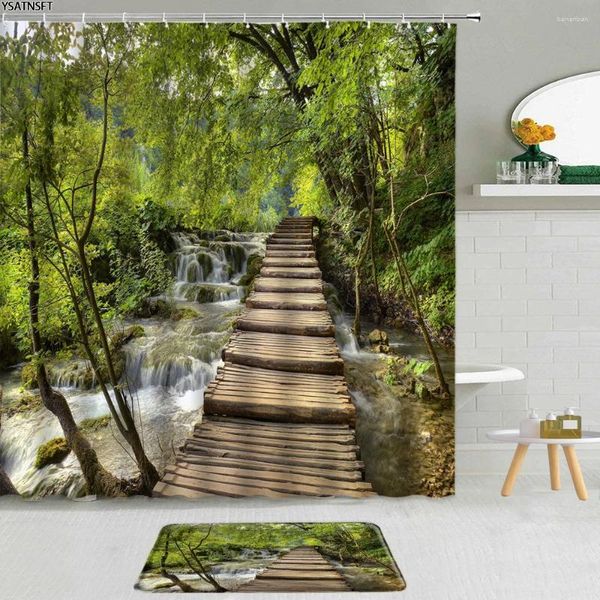 Courteaux de douche 2pcs Forest Bread Bridge Pridge 3d Waterfall Natural Bamboo Fabric Decor Not Slip Baign Mat Salle de bain