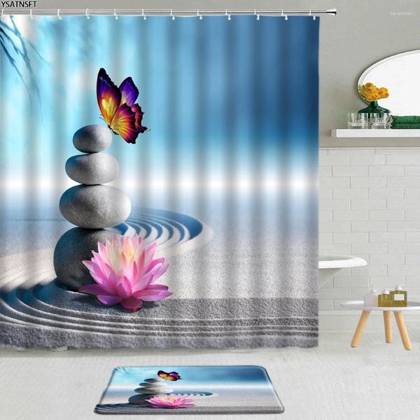 Rideaux de douche 2pcs vert bambou zen pierre rideau désert orchidée ruisseau galets lotus papillon salle de bain tapis de bain antidérapant ensemble